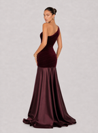 Zephrina Jessamine one-shoulder velvet maxi dress in burgundy