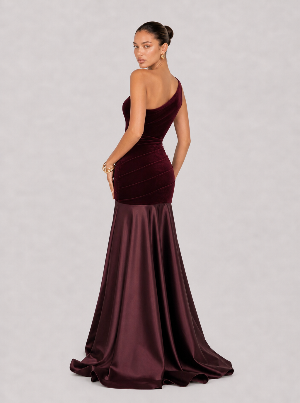 Zephrina Jessamine one-shoulder velvet maxi dress in burgundy