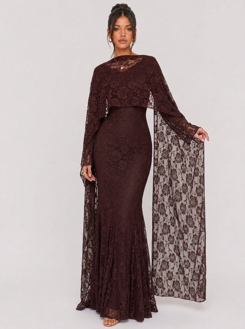 Zephrina Oriana lace cape maxi dress in brown