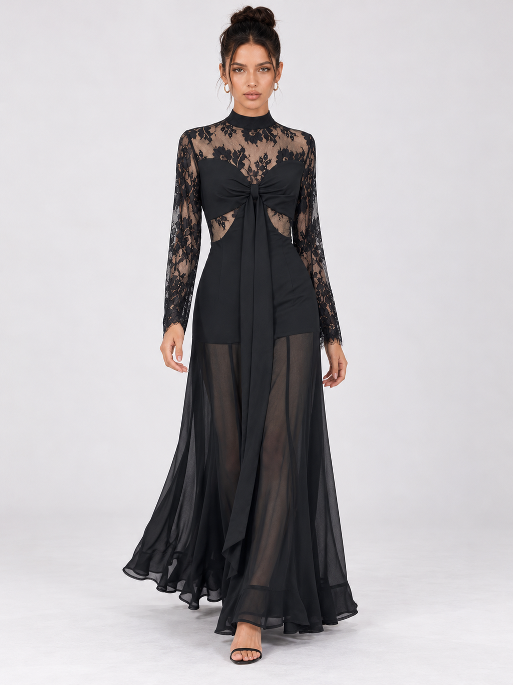 Zephrina Iseult lace-bodice sheer-overlay maxi dress in black