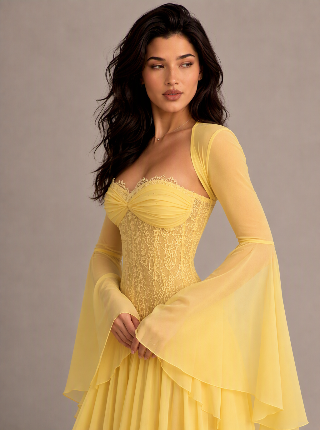 Zephrina Mireya chiffon lace maxi dress in yellow