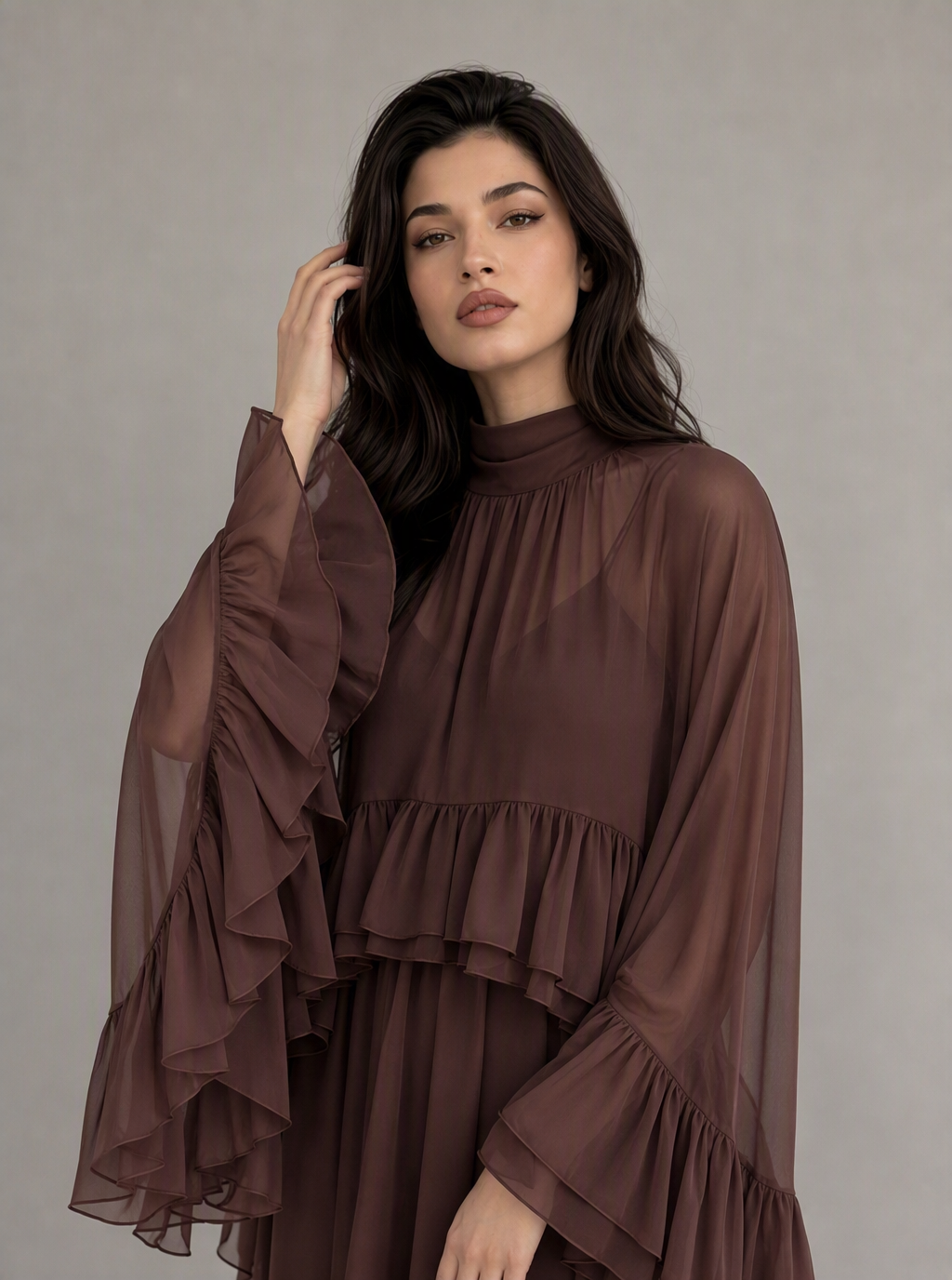 Zephrina Cressida ruffle chiffon mini dress in brown
