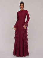 Zephrina Isolenne ruffle knit maxi dress in burgundy