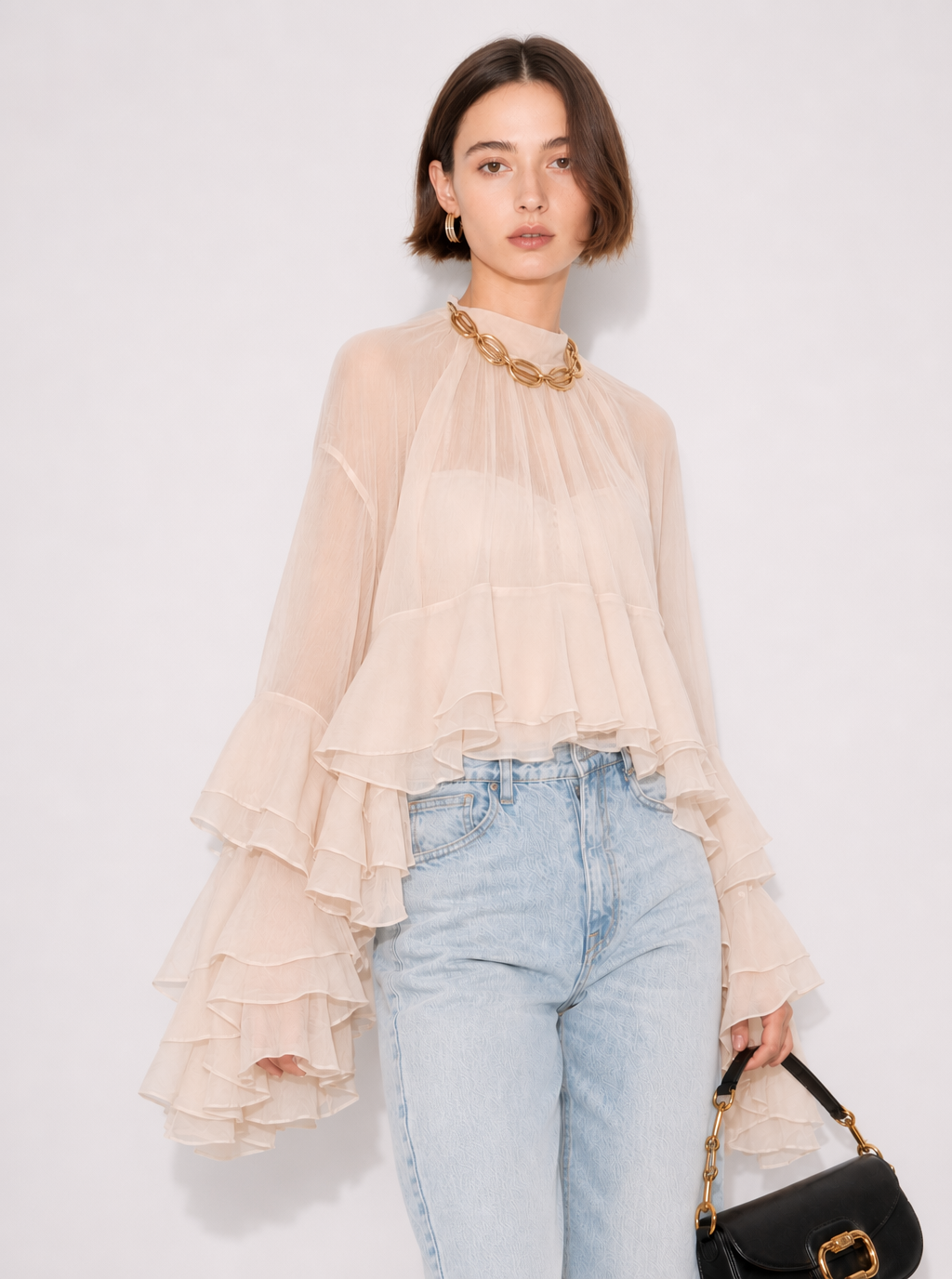 Zephrina Evelise sheer ruffle chiffon top in white