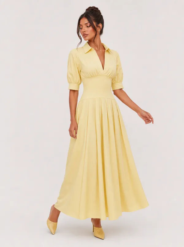 Zephrina Marigold collared puff-sleeve midi dress in yellow