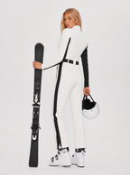 Zephrina Jorunn contrast-piped belted one-piece ski suit in white with black panels
