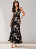 Zephrina Celestine sequin floral halter maxi dress in black with floral embellishment