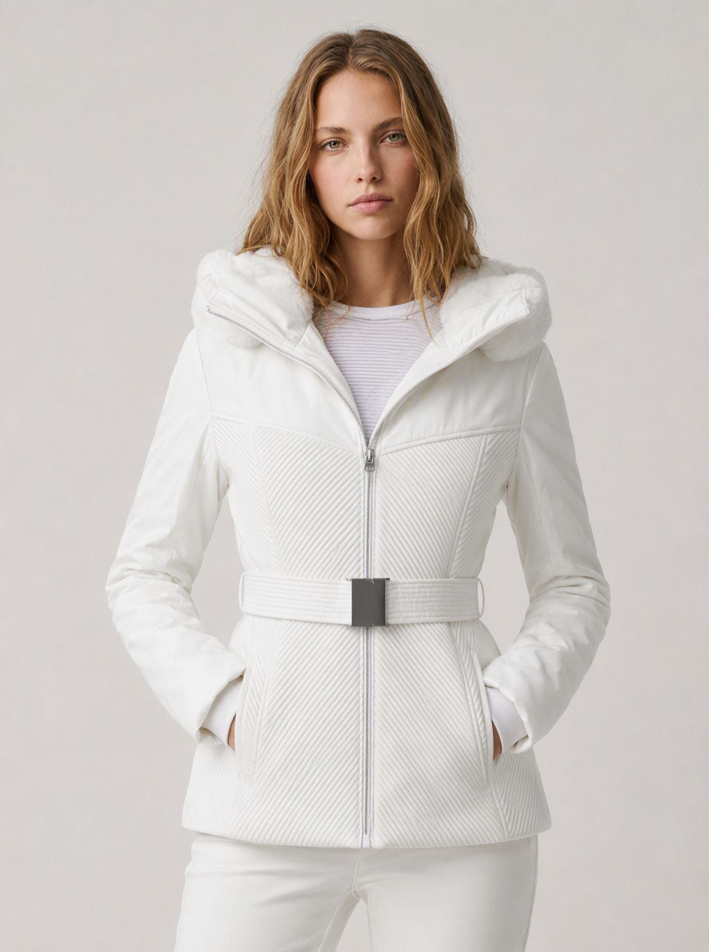 Zephrina Lovisa belted plush-collar hooded jacket in white