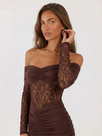 Zephrina Lenora off-shoulder lace maxi dress in brown