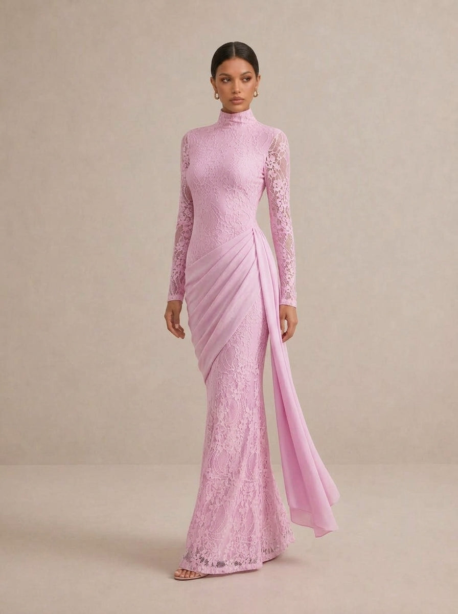 Zephrina Claudine lace drape maxi dress in pink