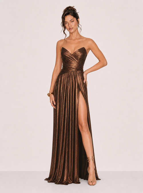 Zephrina Livia metallic slit maxi dress in dark brown