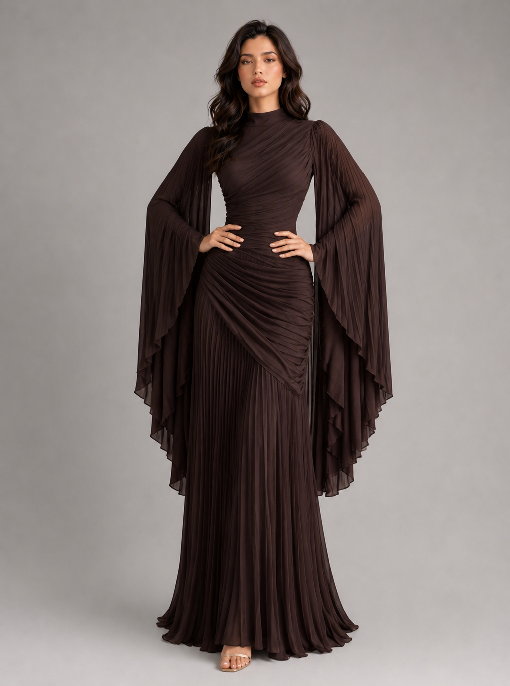 Zephrina Adelais pleated cape-sleeve maxi dress in burgundy