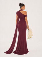 Zephrina one-shoulder scarf-drape satin maxi dress in burgundy