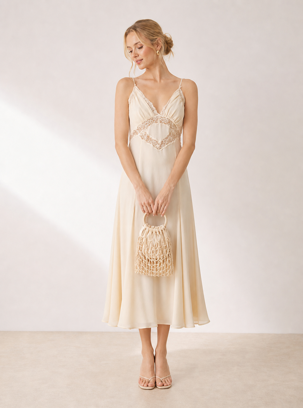 Apricot Heart Lace Cutout Slip Midi Dress