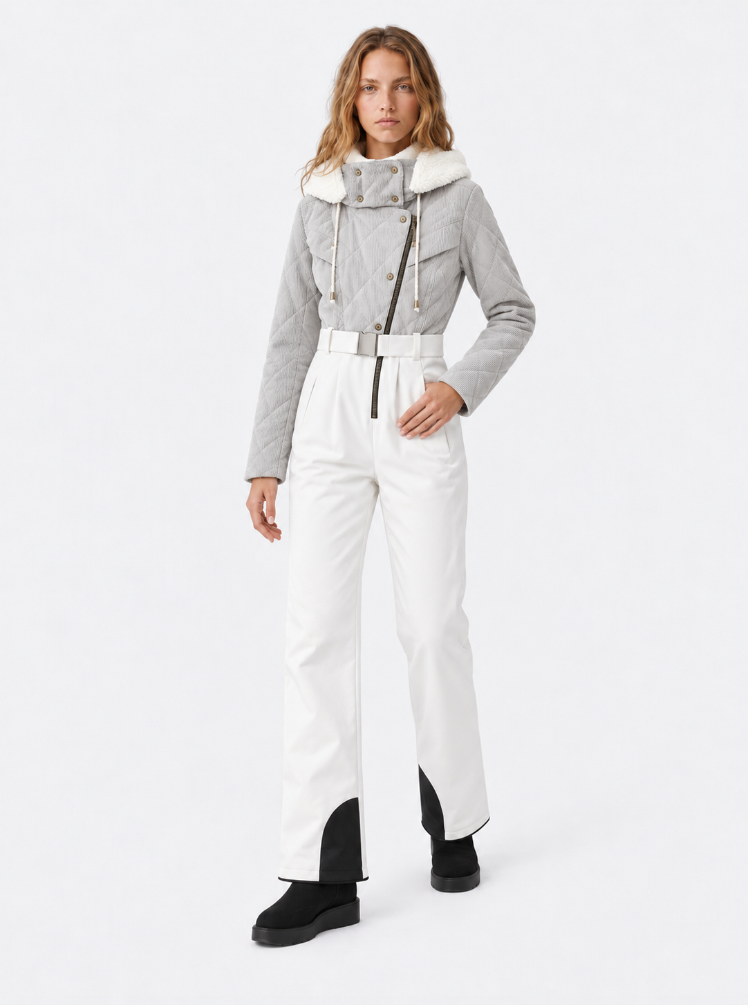Zephrina Zosia textured contrast one-piece ski suit with a light brown bodice and white legs