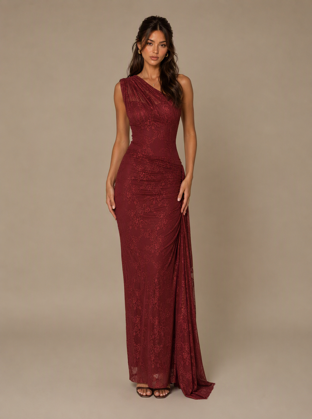 Zephrina Juliette one-shoulder embroidered lace maxi dress in burgundy
