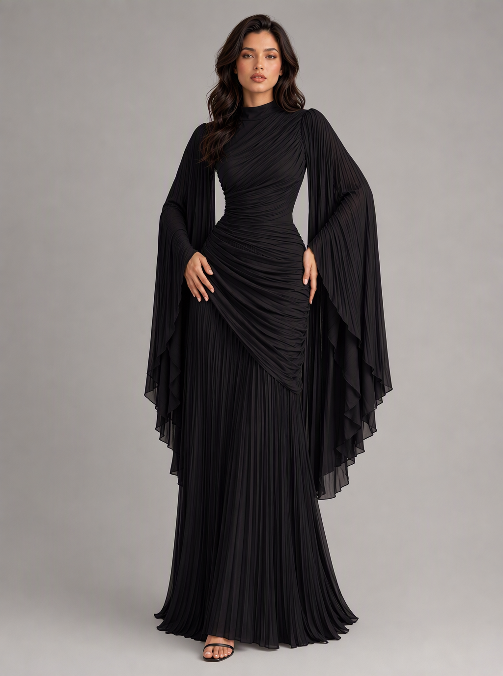 Zephrina Adelais pleated cape-sleeve maxi dress in burgundy