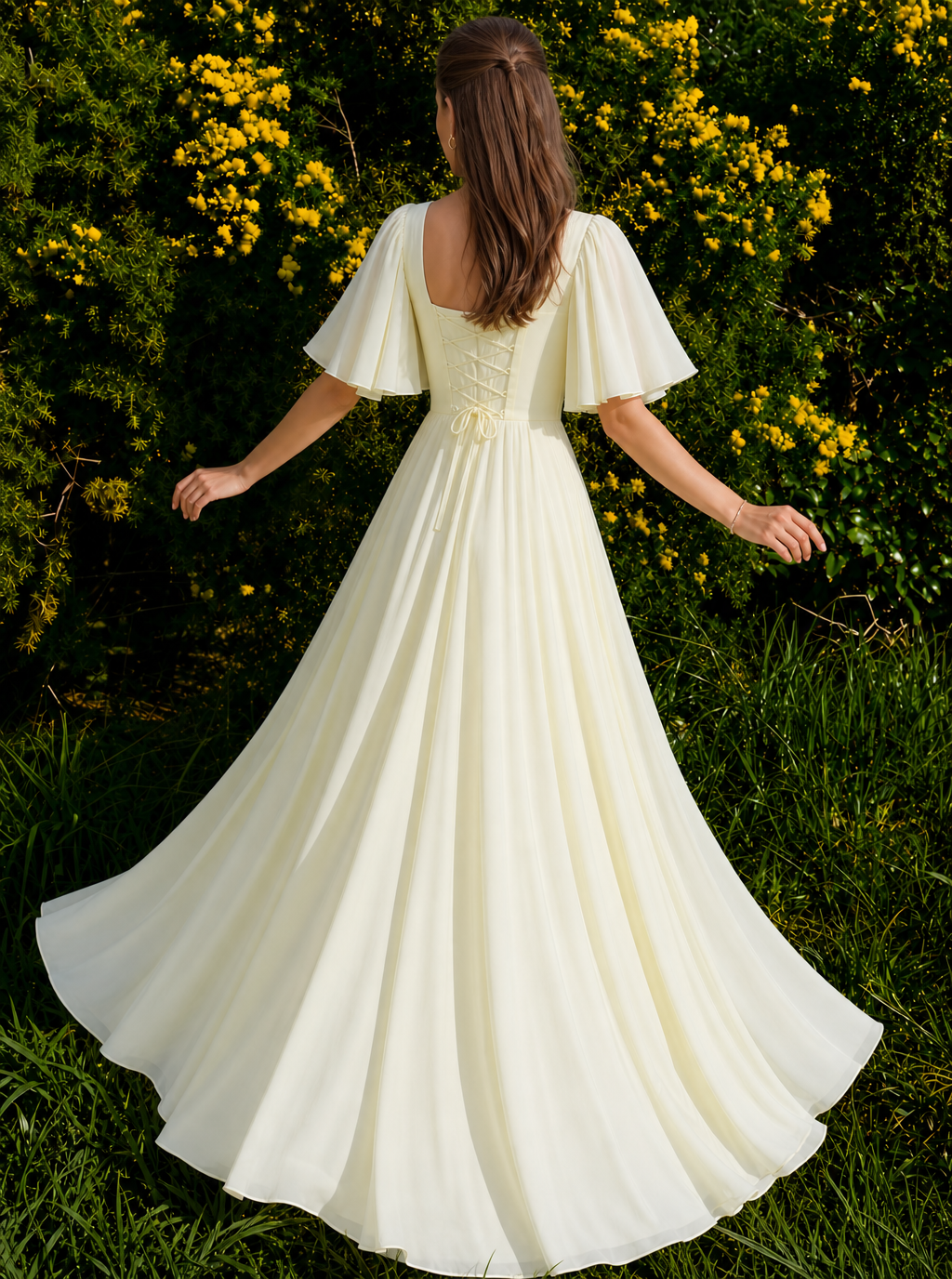 Zephrina Giselle flutter-sleeve chiffon maxi dress in yellow