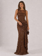 Zephrina Mireya beaded mesh maxi dress in brown