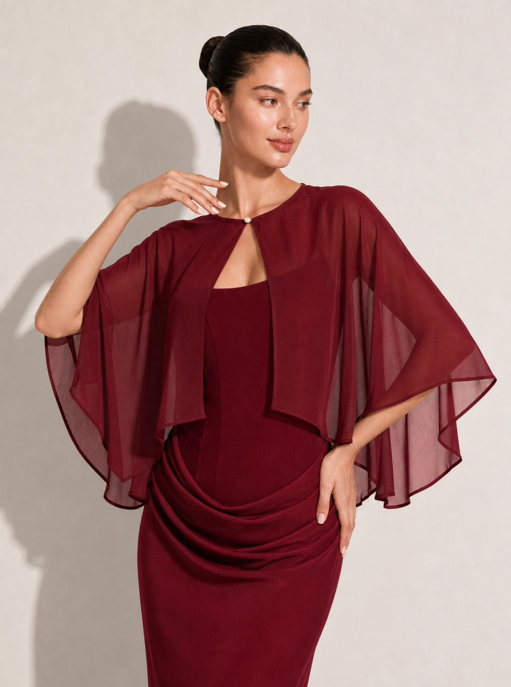Zephrina sheer cape shawl in burgundy