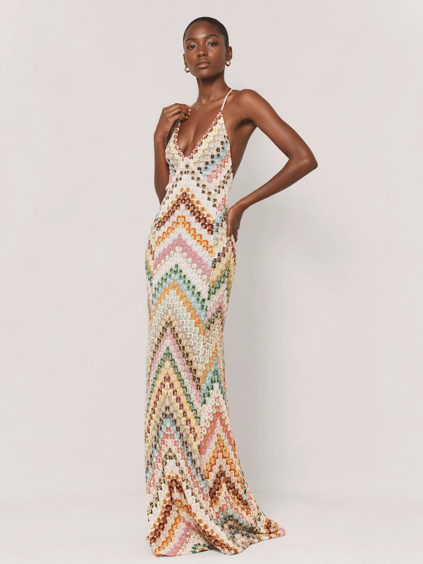Rainbow Crochet Deep V Maxi Dress