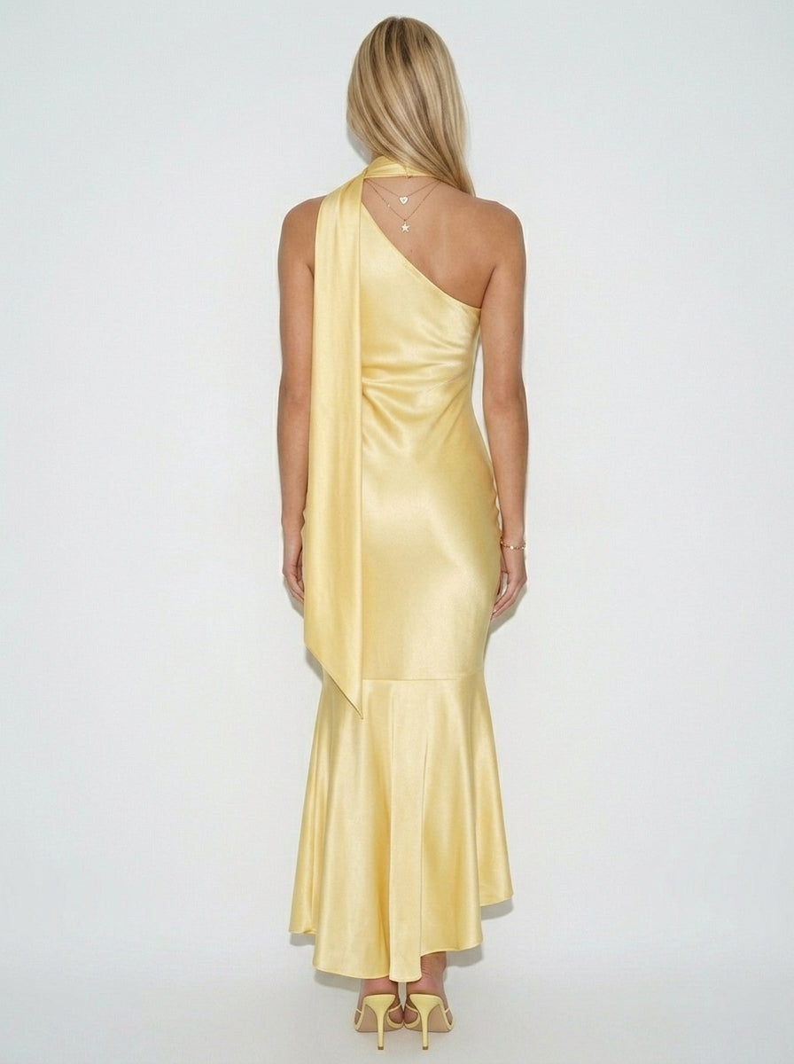 Yellow Satin One Shoulder Midi Mermaid Dress