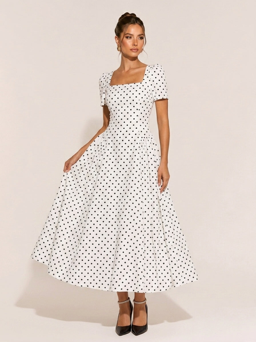White Black Polka Dot Midi Dress