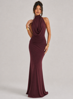Zephrina Sabelle draped halter maxi dress in burgundy