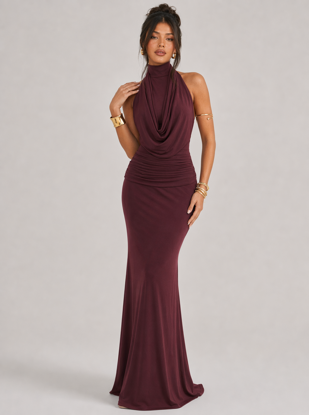 Zephrina Sabelle draped halter maxi dress in burgundy