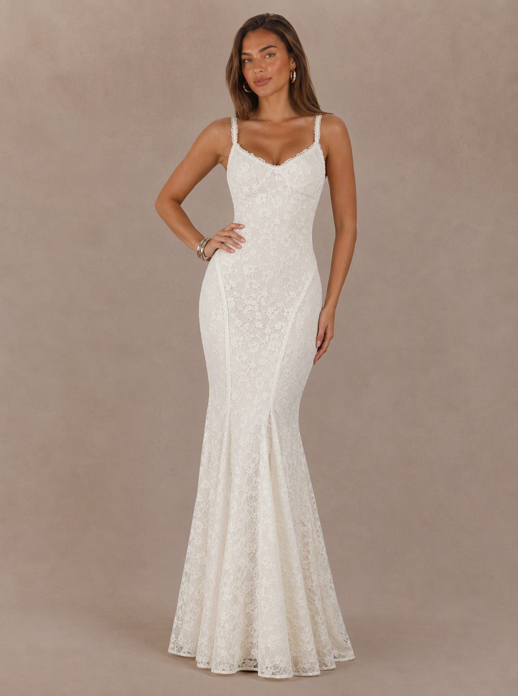 Zephrina Delphine lace-up back lace maxi dress in white
