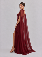 Zephrina Violette cape-sleeve chiffon maxi dress in burgundy