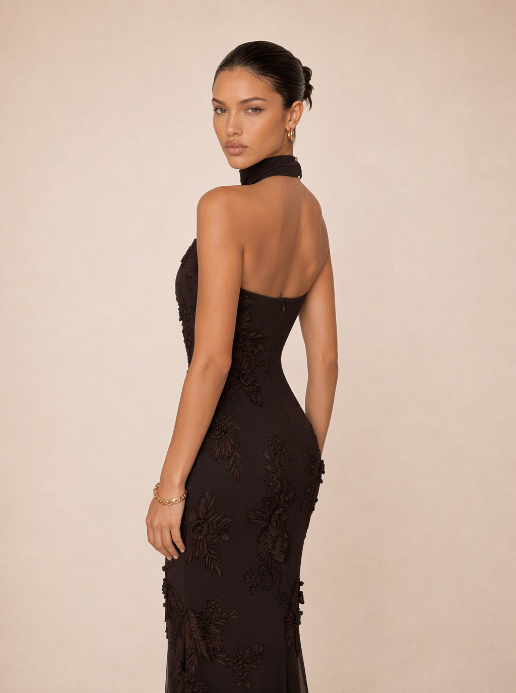 Zephrina Josette embroidered mesh maxi dress in chocolate