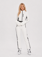 Zephrina Jorunn contrast-piped belted one-piece ski suit in white with black panels