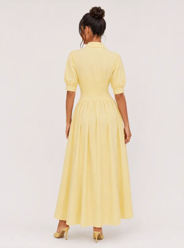 Zephrina Marigold collared puff-sleeve midi dress in yellow