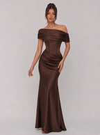 Zephrina Lucetta off-shoulder ruched maxi dress in brown