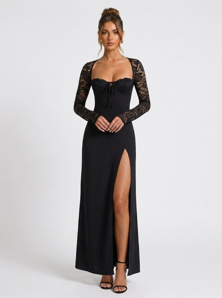 Zephrina Odalise lace sleeve slit maxi dress in white