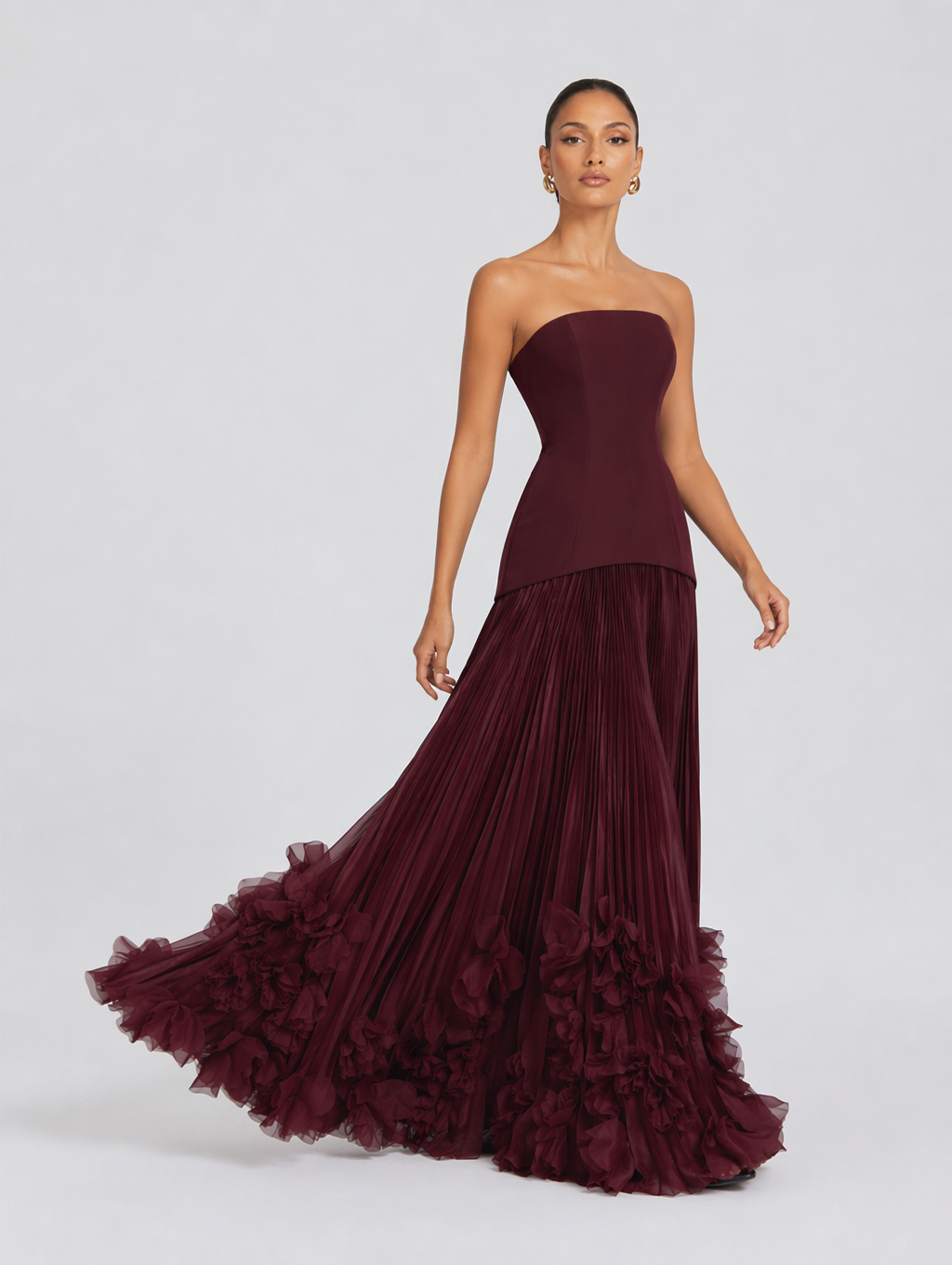 Strapless Petal Pleated Maxi Evening Gown