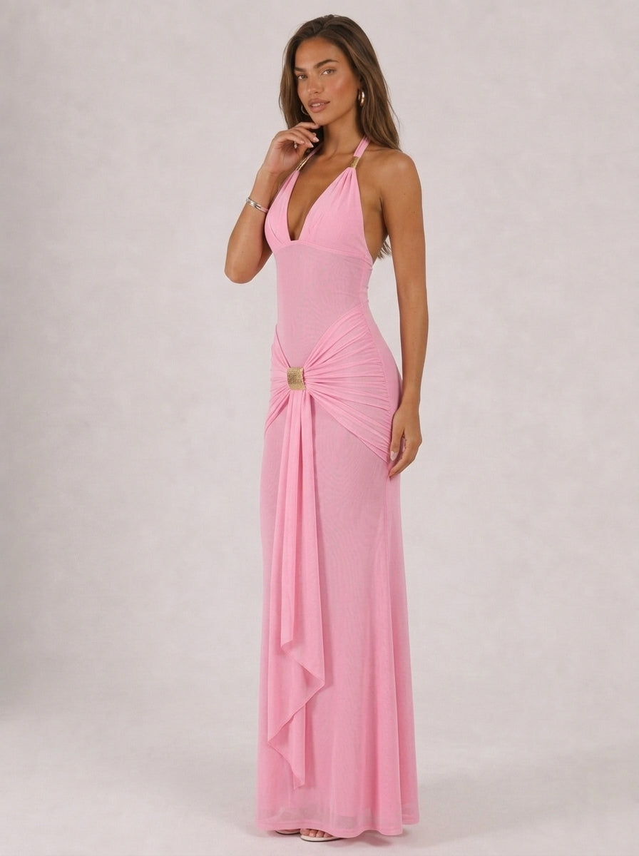 Zephrina Vespera halter ruched maxi dress in pink