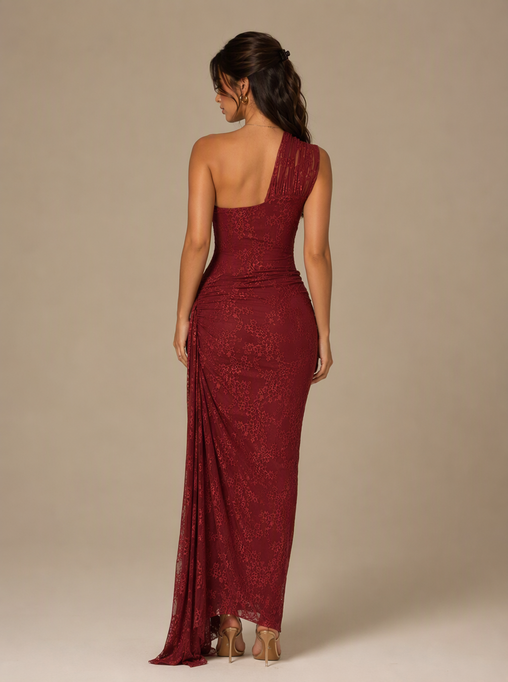 Zephrina Juliette one-shoulder embroidered lace maxi dress in burgundy