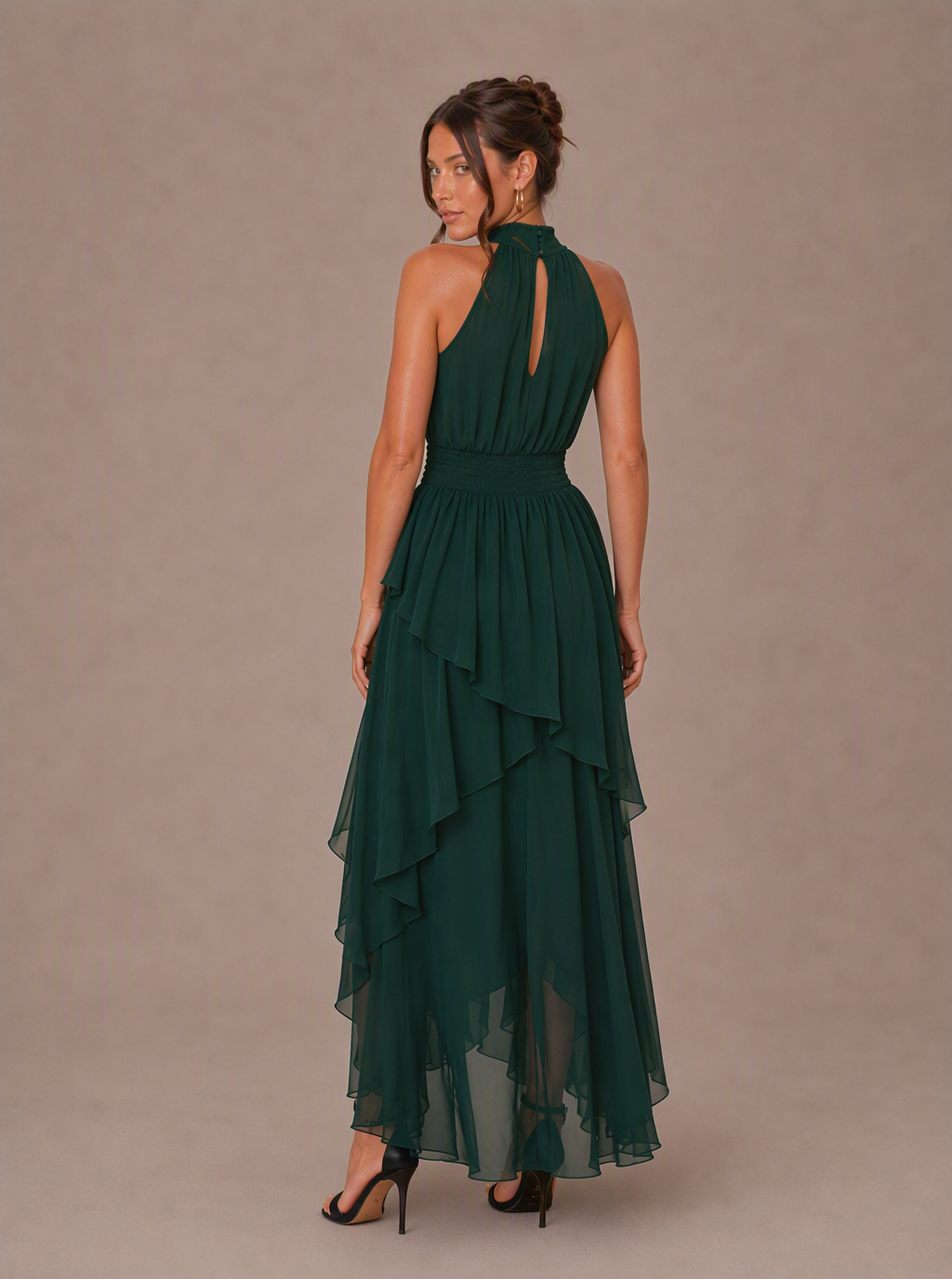 Zephrina Roseline halter ruffle high-low chiffon maxi dress in dark green