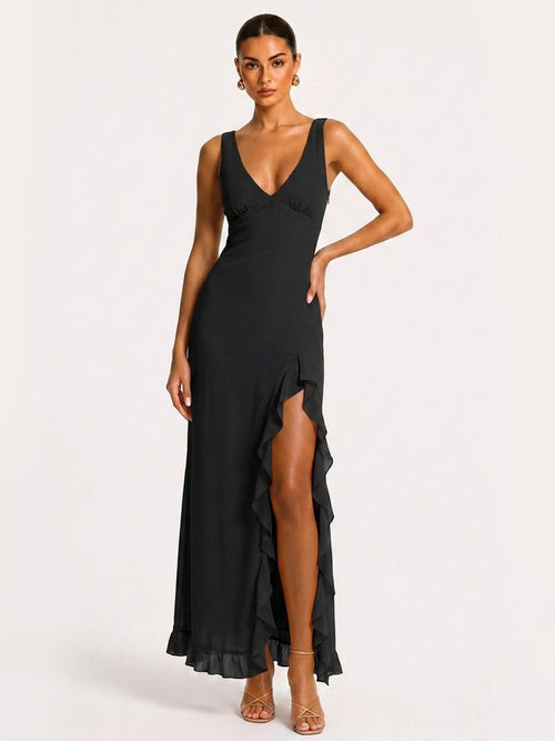 Ava Rüschen-Midi-Kleid mit hohem Schlitz