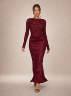Zephrina Rosavelle lace sleeve satin maxi dress in burgundy