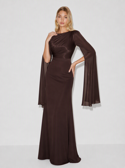 Zephrina Evelina satin cape sleeve maxi dress