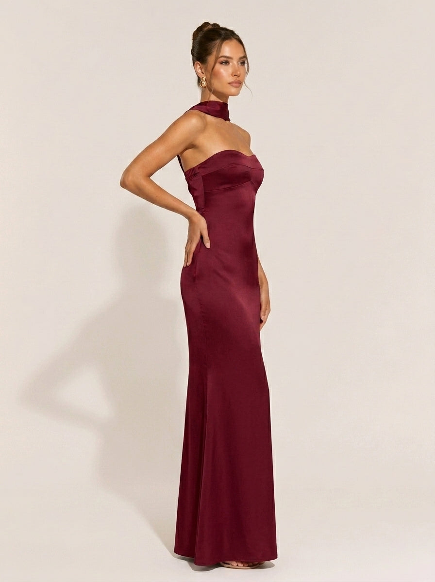 Burgundy Satin Backless Mermaid Maxi Dress