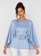 Zephrina Sabina cape sleeve satin blouse in blue