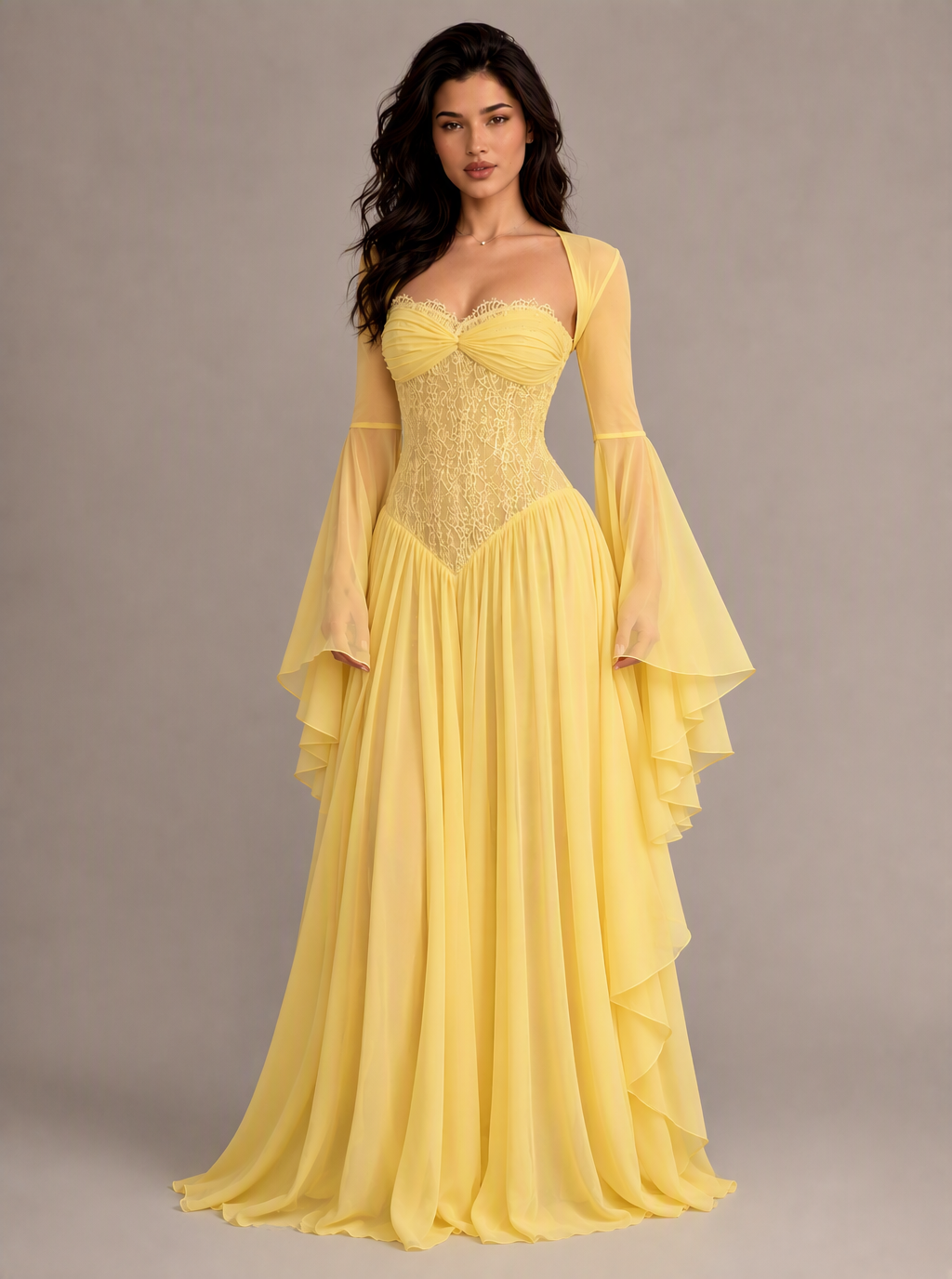 Zephrina Mireya chiffon lace maxi dress in yellow