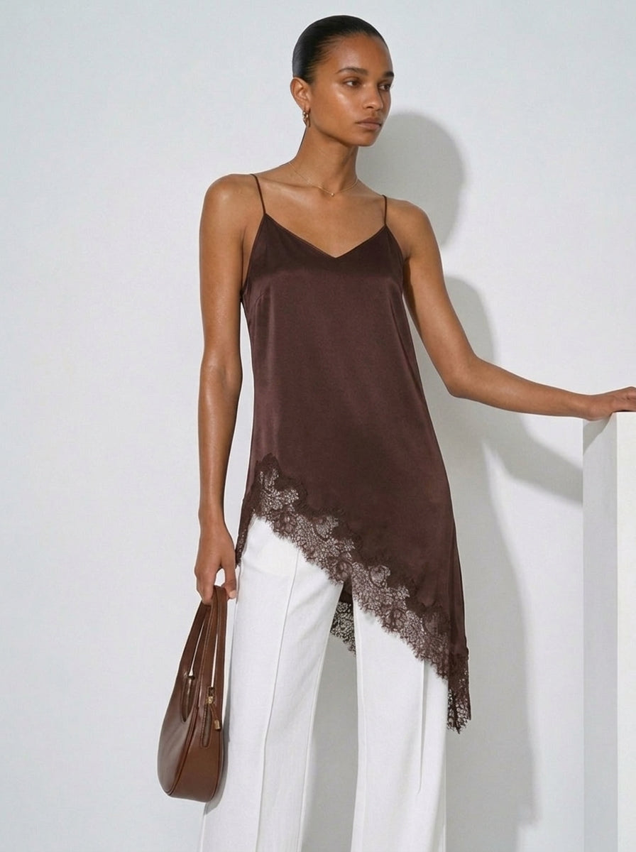 Zephrina Orla lace trim cami top in brown