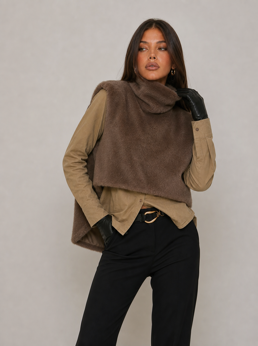 Zephrina Lilibet sleeveless faux fur coat in coffee high-low