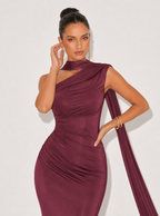 Zephrina one-shoulder scarf-drape satin maxi dress in burgundy