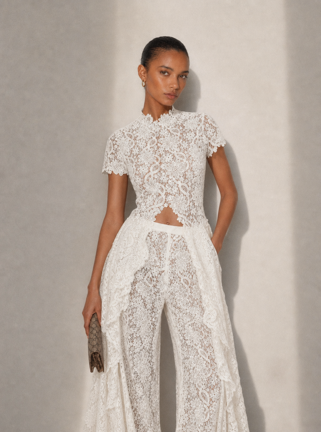 Zephrina Sabine lace overlay wide-leg set in white